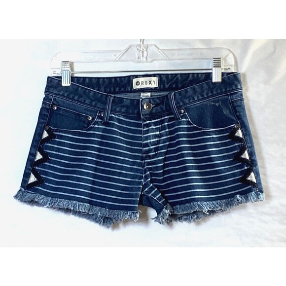 Roxy Contrast Denim Beaded Shorts Womens Size 28 Multicolor Frayed Hem Stripes - Picture 2 of 16